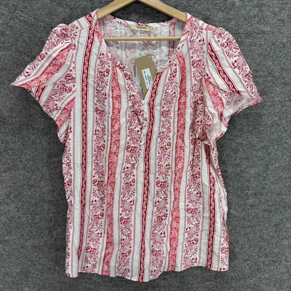 New Timeson Blouse Women L Large White Striped V-Neck Button Short Sleeve Rayon